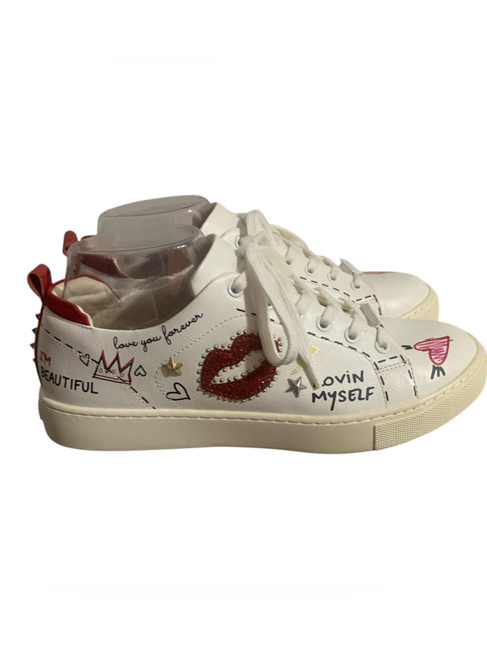 Aldo White Lace-Up Sneakers with Red Glitter Lip Accent Women 8.5